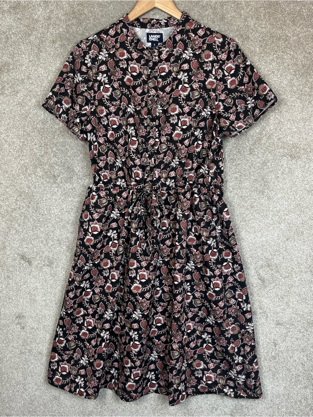 Lands End Dress Womens Small Black Floral Short Sleeve Button Knee Length- 5310